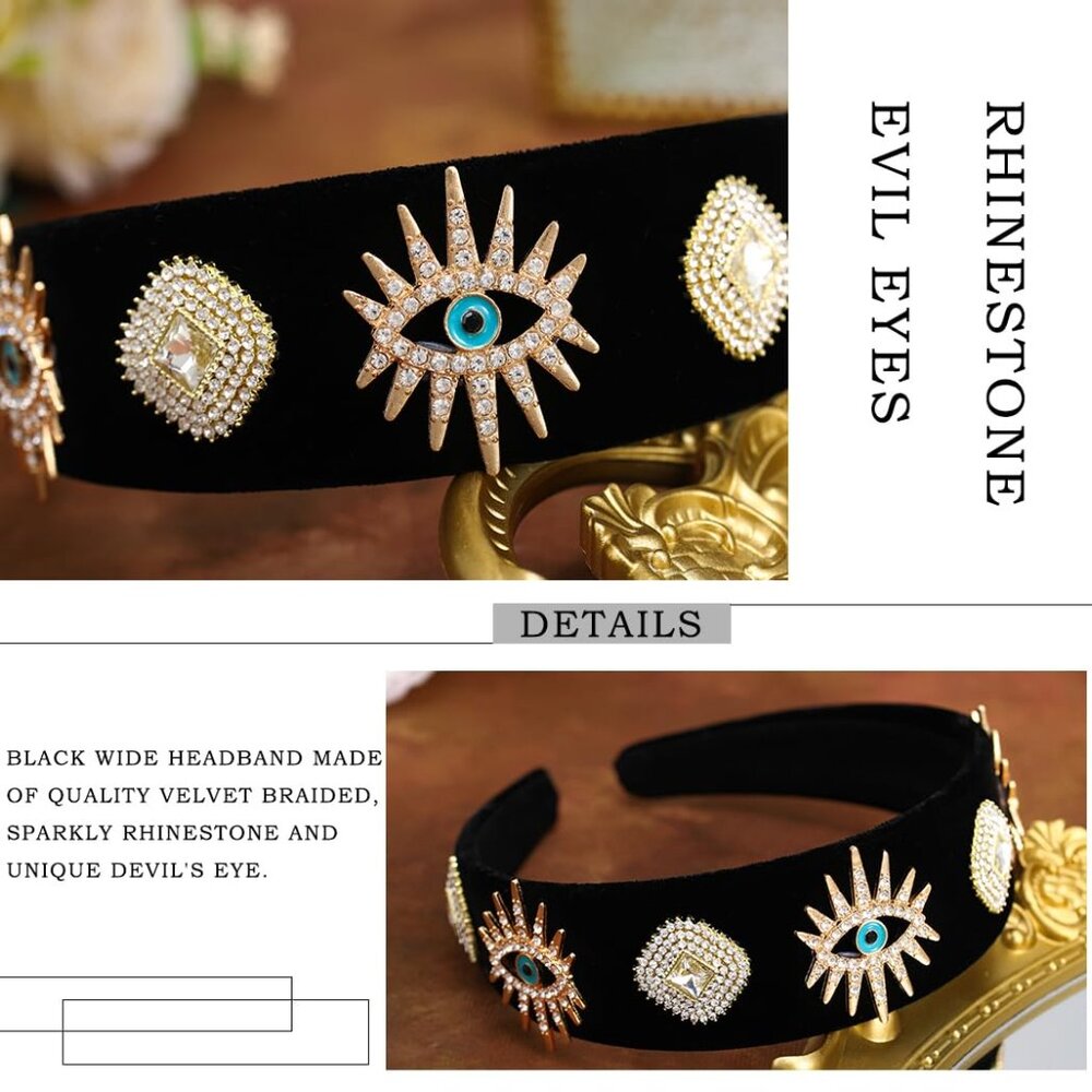 Black Baroque Wide Headbands Evil Eyes Hairbands Jeweled Rhinestones Hair Band P - Picture 4 of 6